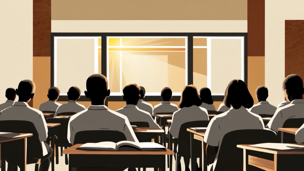 Ilustración de un aula tranquila vista desde atrás: un estudiante junto a la ventana mira hacia la luz, soñando despierto