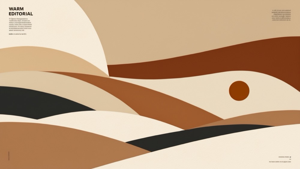 Ilustración minimalista de dunas suaves en tonos arena con un sol terracota bajo en el horizonte