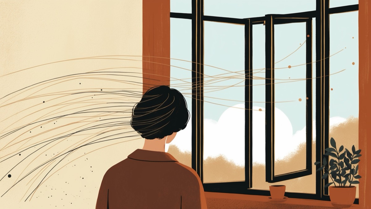 Ilustración de portada: una persona vista de espaldas mira por una ventana luminosa mientras suaves líneas de pensamiento fluyen de su cabeza